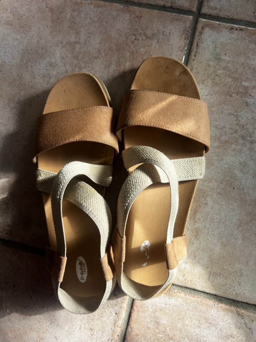 Dr. Scholl's Islander Tan Faux Suede Elastic Cross Strap Wedge Sandals